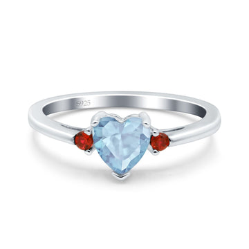 Art Deco Heart Three Stone Wedding Ring Garnet Simulated Aquamarine CZ 925 Sterling Silver